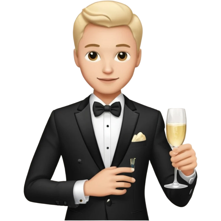 male memoji, stylish man in tuxedo, holding champagne glass, luxury watch, seductive smirk, party vibe emoji