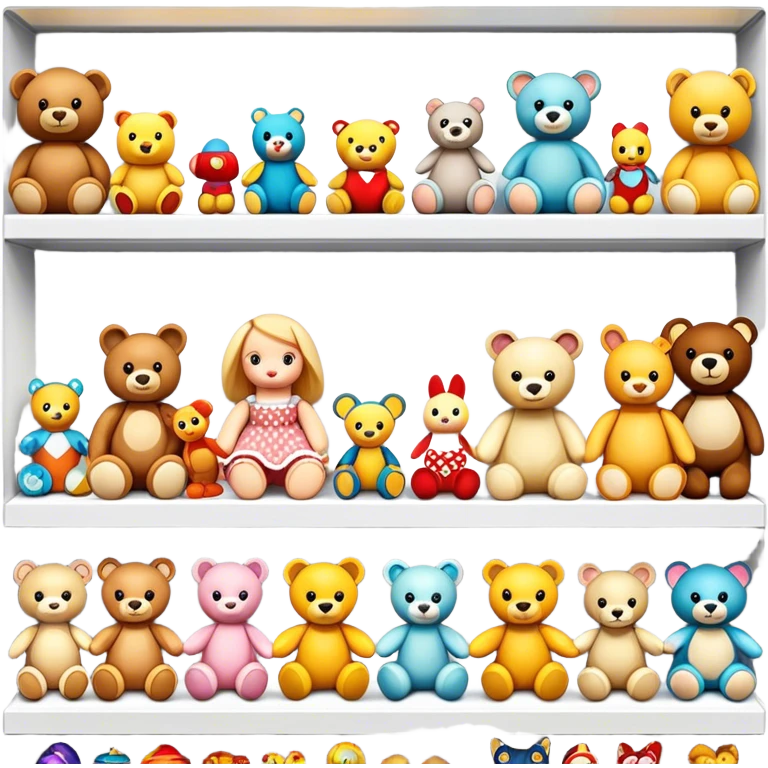 Icon for Toy Collecting: a collection of various vintage toys such as dolls, action figures, and plush animals, displayed neatly on shelves or in display cases. The icon should evoke the joy and nostalgia of collecting toys. Transparent background. emoji