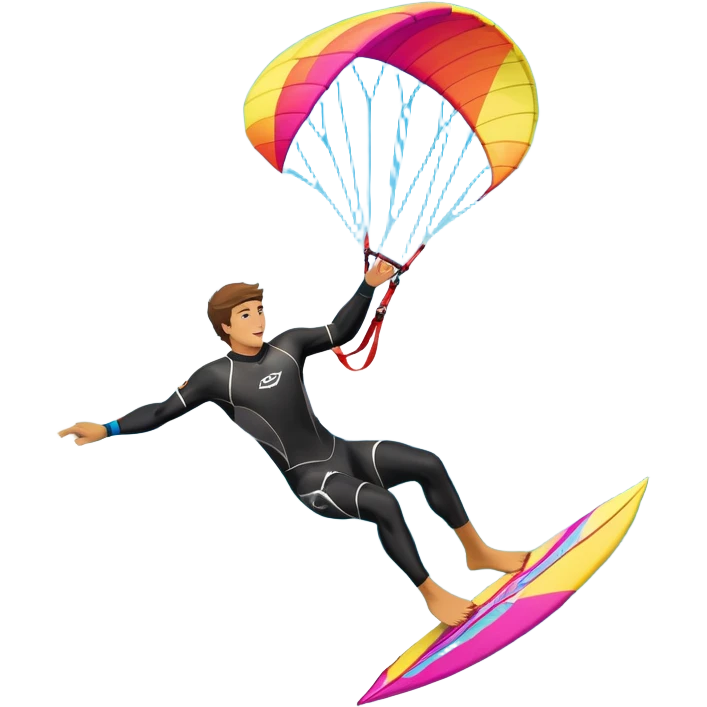 A professional kite surfer performing a high-flying trick on the waves, with a colorful kite soaring above. The background features a stunning landscape of rolling ocean waves, a bright sky, and distant mountains, emphasizing the skill and freedom of the sport. emoji