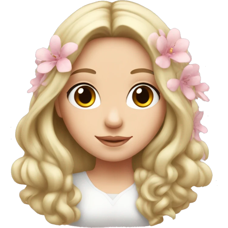 A white girl with long hair and soft pink flowers on ears emoji