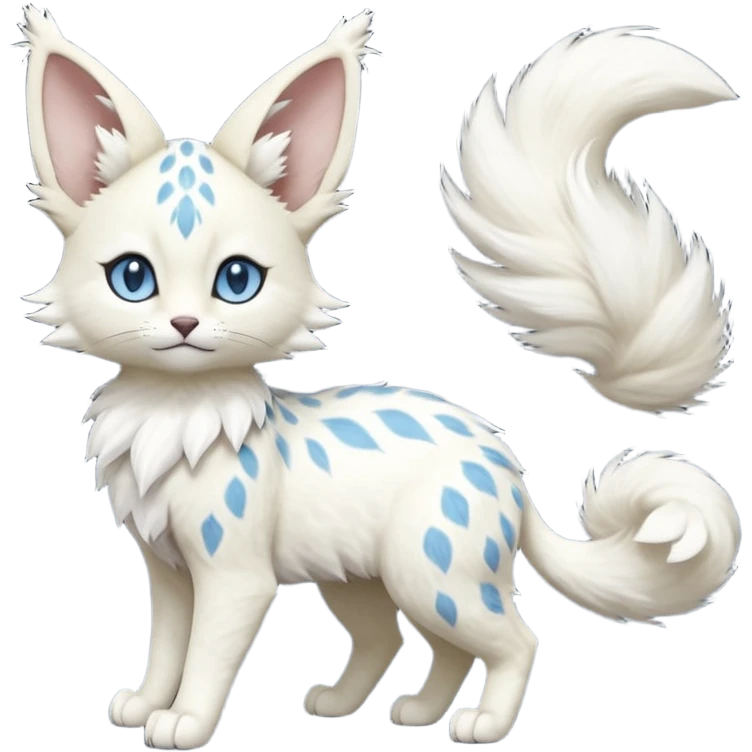Albino-white, blue-eyed soft natural realistic romantic vintage antique divine beautiful elegant pretty precious cute young youthful  Fakémon-Pokémon-feline-Zeraora-Jolteon-serval-caracal-chinchilla-Minccino-Cinccino-Meowstic-rodent-hybrid-creature with a big fluffy bushy tail (full body) emoji