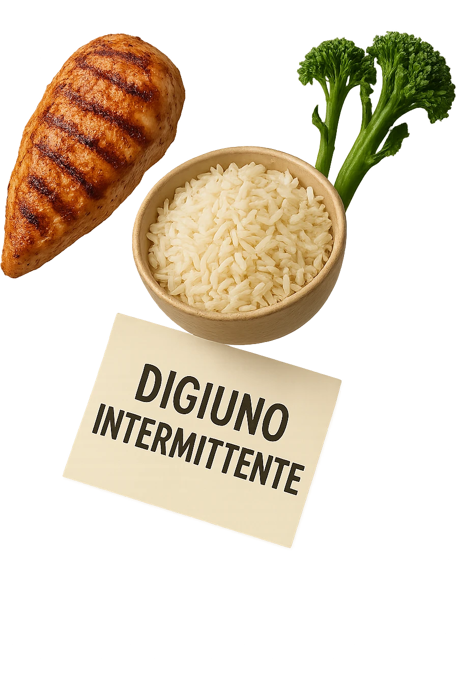 petto di pollo grigliato, bowl di riso basmati e broccoletti fluttuano in aria insieme ad un foglio con la scritta "DIGIUNO INTERMITTENTE", iperrealistico 4k emoji