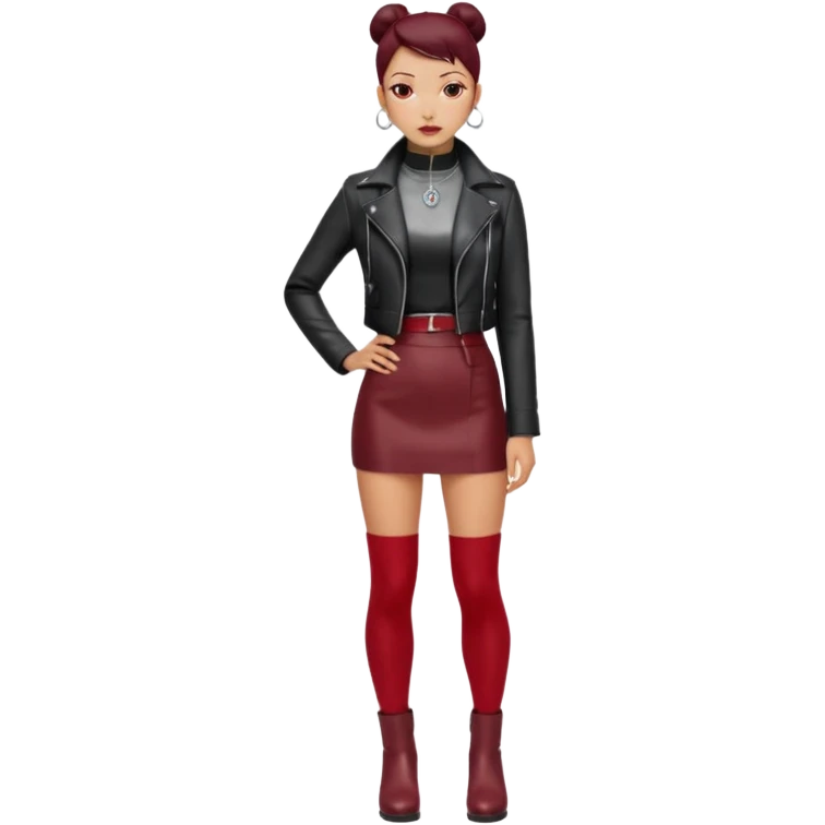 “East Asian woman with a tight sleek bun, no loose strands. Black leather jacket over a black turtleneck, silver Vivienne Westwood-style orb necklace. Red leather mini skirt, burgundy tights, red long boots. Clean, fashion-editorial style.” emoji