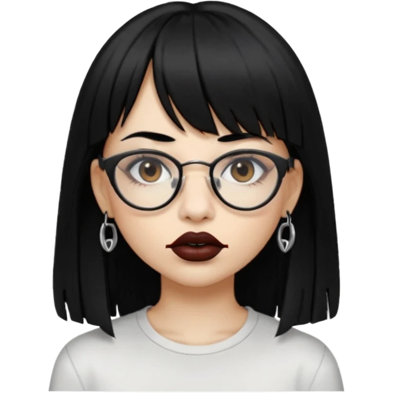 uma mulher snapchat icon, cor da pele normal, cabelo preto liso solto grande com franja vegana, curta, óculos pretos, com piercing na boca e nariz, olhos castanhos, camisa branca, a tela de fundo branca, coloque um piercing, um metal na boca e no nariz, cicatriz na sobrancelha, cor da boca preto,  emoji