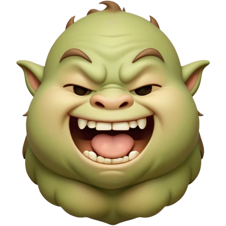 Cinematic Cute Yawning Ogre Portrait Emoji, with a surprisingly cuddly, rotund figure in soft earthy greens and browns, head tilted back in a big, gentle yawn exposing a set of comically oversized teeth, simplified yet irresistibly adorable, highly detailed with a soft glowing outline that captures the sleepy charm of a friendly ogre after a long day of gentle mischief! emoji