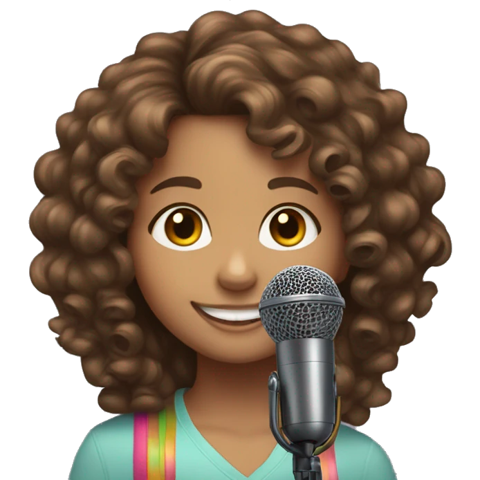 10 year old girl, brown curly hair, microphone, colorful markers emoji