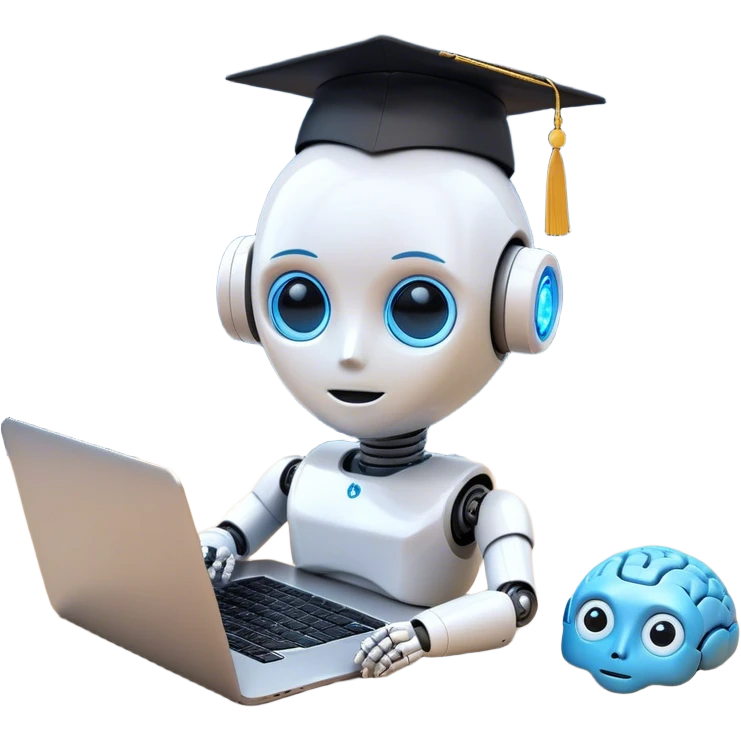 A combination of emojis representing artificial intelligence skills. A small humanoid robot head (🤖) with glowing blue eyes, a brain icon (🧠) beside it, and a laptop (💻) underneath, symbolizing AI-powered computing. Above the robot, a graduation cap (🎓) hovers slightly, indicating learning and education in AI. Small digital sparks or circuit-like patterns connect the elements, creating a futuristic and tech-inspired emoji style. The background is plain white emoji