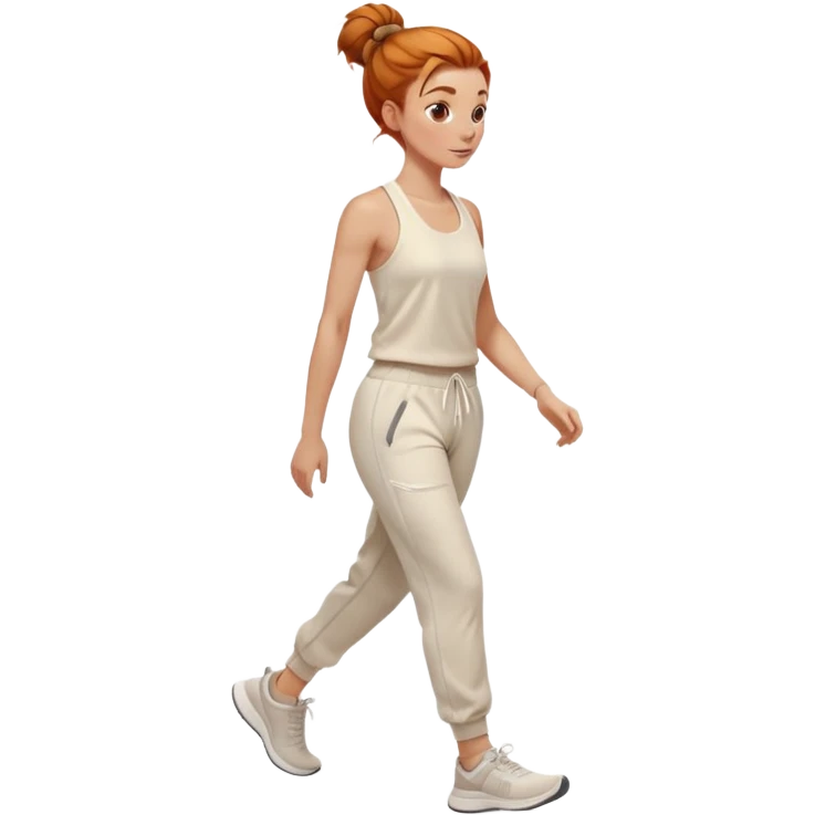 Gorgeous Ginger girl messy bun walking on walking pad cream gym outfit sweatpants emoji