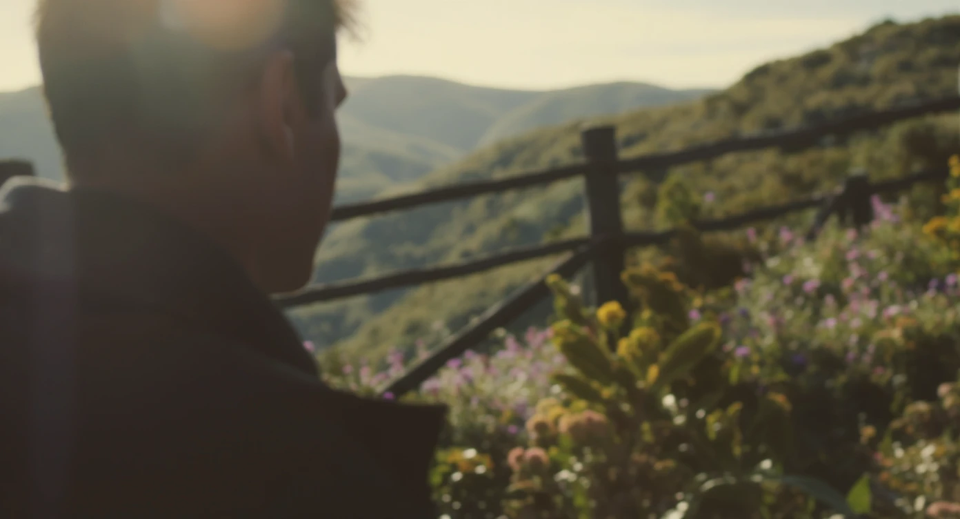 A portrait of a person in the foreground, blurred plants in the foreground, a wooden fence and colorfull flowers in the midground, rolling hills in the background, cinematic depth of field, layered composition, natural lighting emoji
