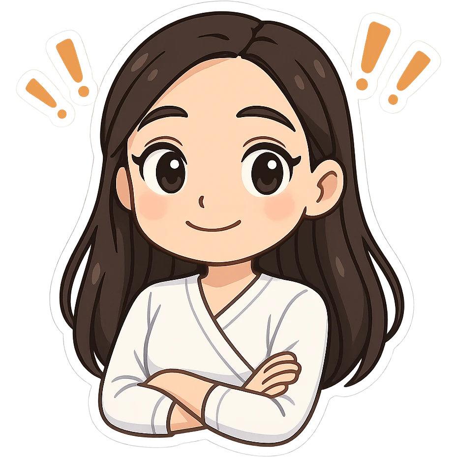 Create a chibi sticker of the girl from the previous successful bitmoji chibi stickers, with an attentive and kind face with exclamation marks. She has long hair, the same face and style, with a white outline and transparent background. emoji