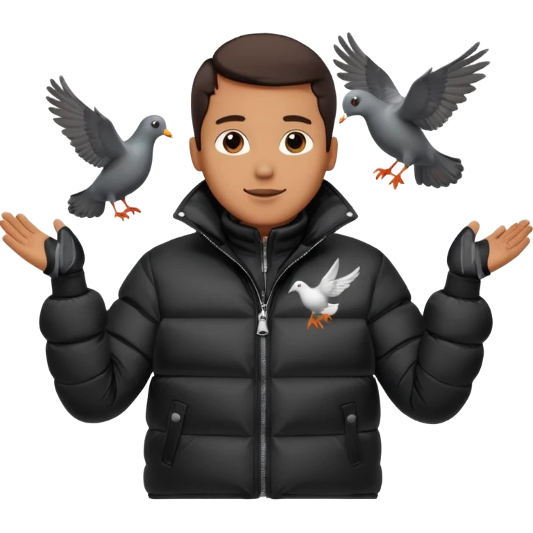 puffer shiny black jacket man open arms looking at a flying pigeon emoji