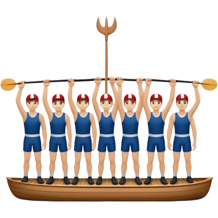 Rowing team lifting coxswain standing on dock with boat after winning emoji