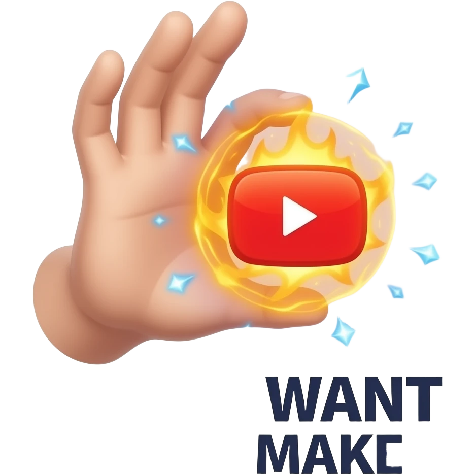 A wizard’s hand holding a glowing, magical YouTube logo like a fire spell. Text bellow: "DO YOU WANT CONTENT MAKER?" High fantasy, mystical particles, clean, sticker style emoji