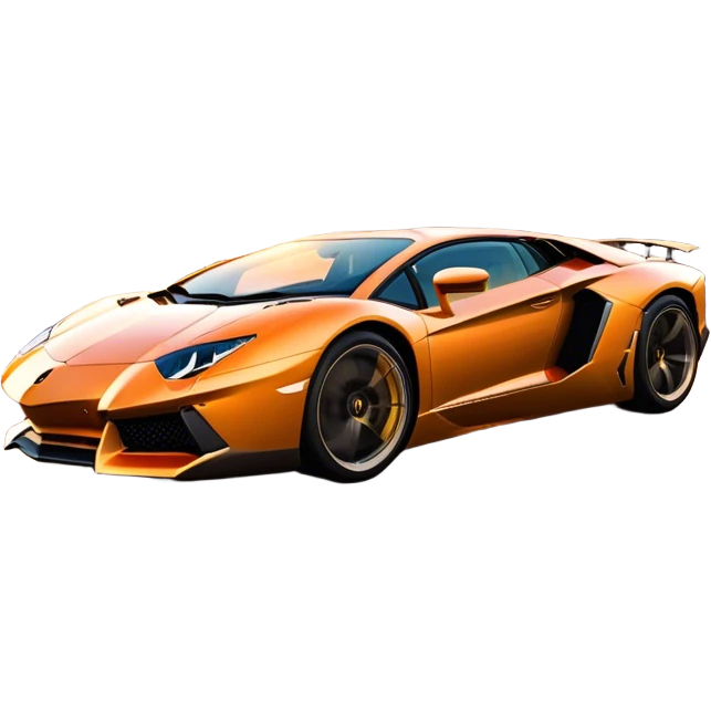 Lamborghini Aventador speeding down Sunset Avenue at dusk, headlights blazing. The sky glows in warm sunset hues, reflecting off the sleek car. Motion blur emphasizes speed, with palm trees and city lights in the background. Transparent background. emoji