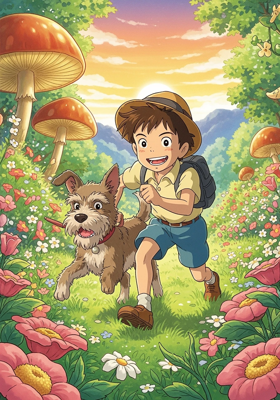 kid and his pet dog in studio ghibili style emoji