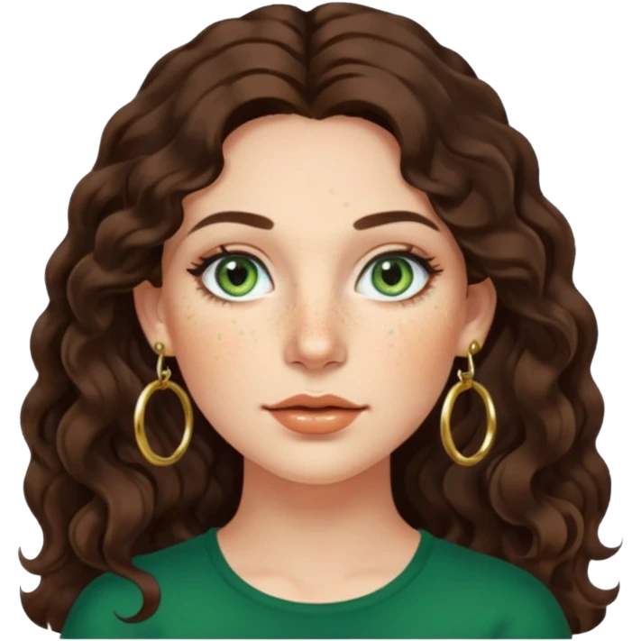 Attractive italian woman with a wide face, freckles, Long wavy dark hair and gold hoop earrings and green eyes emoji