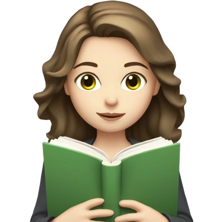 Girl with shoulder length brown hair, green eyes, pale skin, reading a book emoji