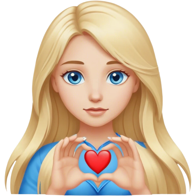 Cinematic realistic blonde with long hair and blue eyes shows her heart with her hands emoji