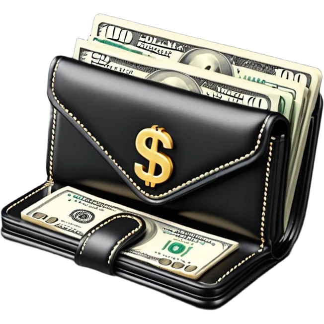 Rich emoji style black leather wallet with dollar bills, luxury money vibe, premium 3D emoji, ultra clean, high detail, no background
 emoji