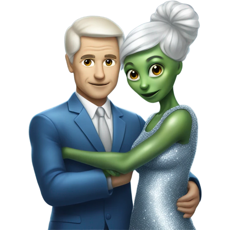 alien reptilian woman in silver dress hugs white man in blue dress emoji