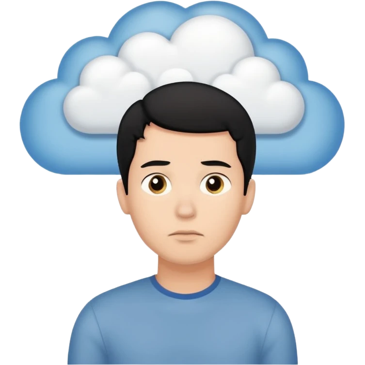 A thinking black hair male person with a white empty thought cloud emoji