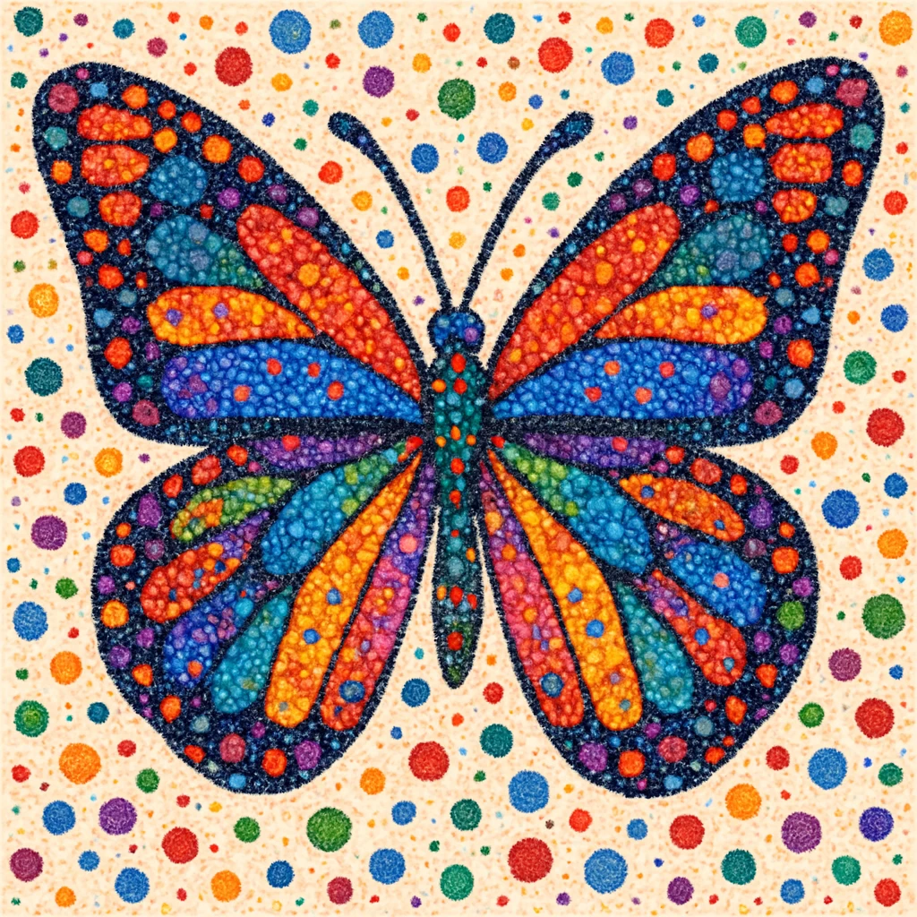 A colorful butterfly with intricate wing patterns, composed entirely of vibrant dots of various sizes and colors creating a beautiful pointillist effect emoji
