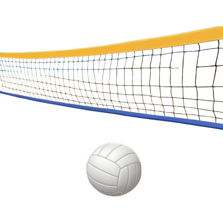 A close-up volleyball net with a ball hovering above it, set against the backdrop of a sandy volleyball court. The scene highlights the tension of an impending play, with the court lines clearly visible and a bright, sunny atmosphere surrounding the action. emoji