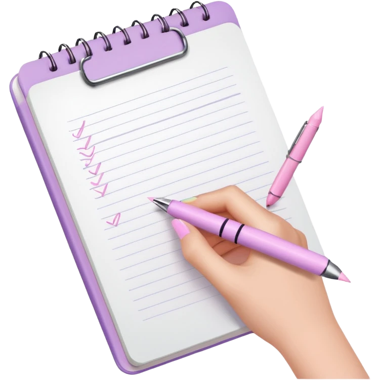 female hand with light lilac nails, pastel pink pen, writing in an open notebook emoji