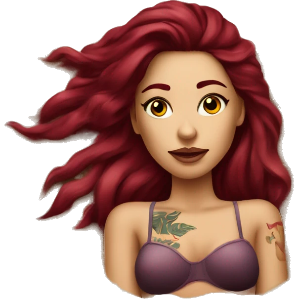 Beautiful tattooed burgundy long haired woman laying on the beach emoji