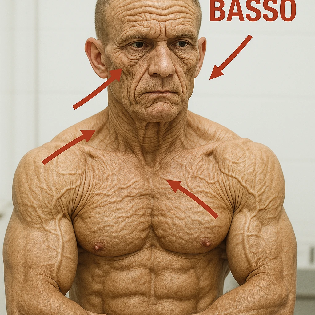 hyper realistic 25 year old bodybuilder aged prematurely due to collagen deficiency, sculpted muscles but skin with deep wrinkles, red arrows and Italian text 'Collagene Basso', clinical atmosphere, white background emoji