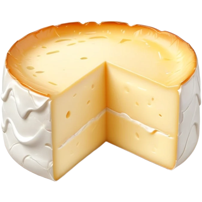 cinematic-realistic-brie-cheese-emoji,-featuring-a-creamy gooey center,-soft-ripened-cheese-with-a-delicate white rind-rendered-with-lifelike-detail-and-inviting,-natural-lightingwith a slide showing the gooey center emoji