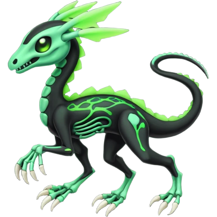 Obsidian-black and neon-glowing-green skeletal Meloetta-Salandit-Gorebyss-Salazzle-Pokémon-Fakémon-creature-fusion-hybrid emoji