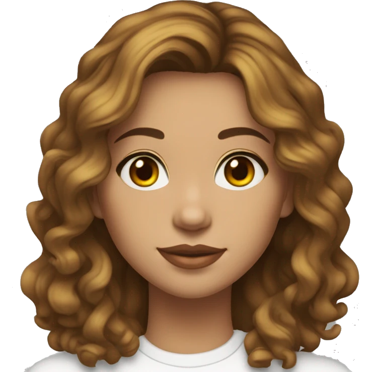 Female, 30 years old, light skin but tanned, olive eyes, thick wavy light brown hair cut in layers shaggy style, small gold earrings, white turtleneck T-shirt emoji