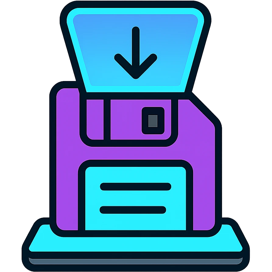 save icon (floppy disk or cloud with down arrow), futuristic holographic look, purple and cyan neon lines emoji