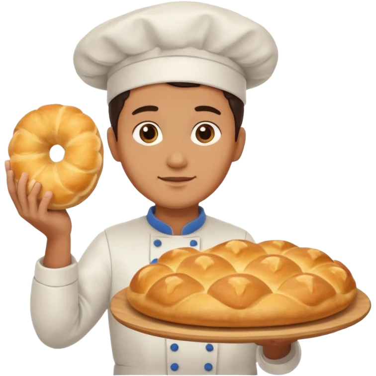 baker holding tray with big bread emoji