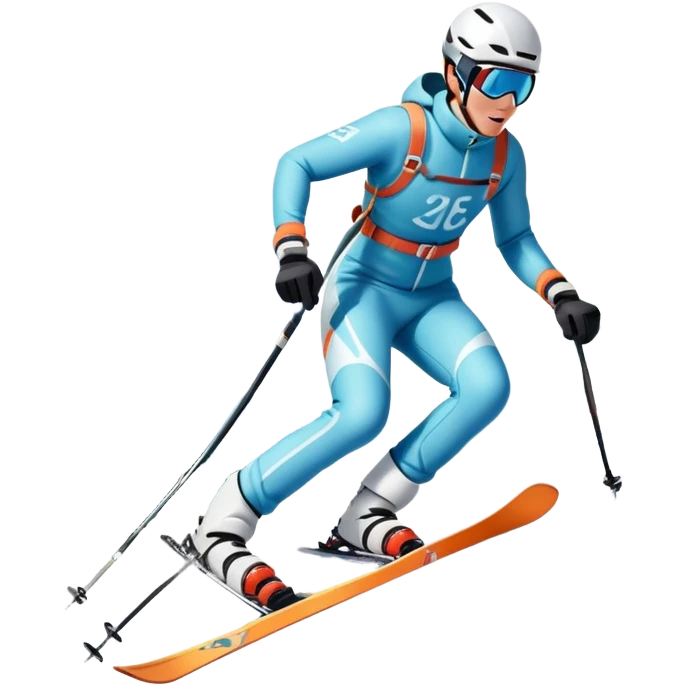 An icon featuring a skier racing down a snow-covered slope, surrounded by snowy peaks and pine trees. The design includes ski poles, bright winter gear, and dynamic motion lines, capturing the thrill and speed of alpine skiing. Transparent background emoji