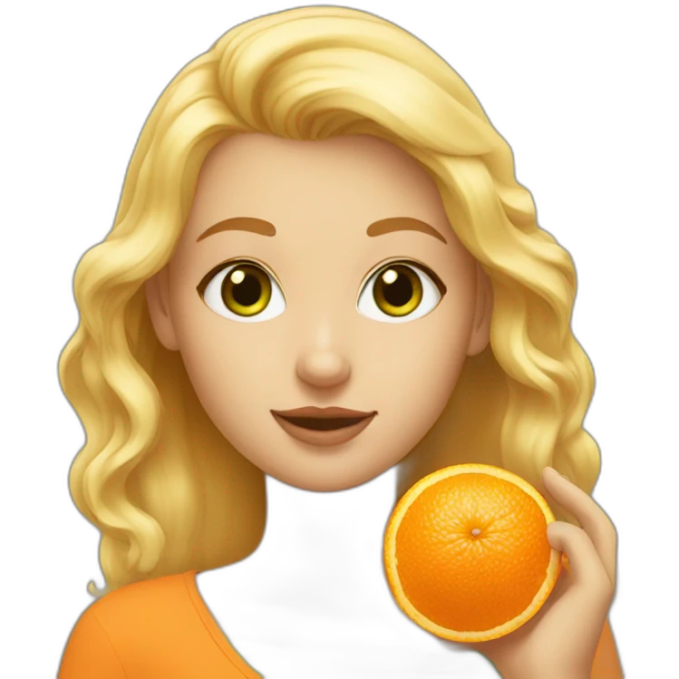 Blonde girl with green eyes holding orange spitz emoji