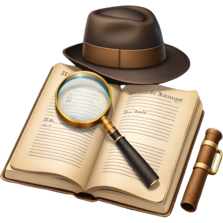 Icon for Detective Reading: an open book with text and a magnifying glass, a detective’s hat and a notebook with clues, surrounded by dark shadows and mysterious elements like footprints and a smoking pipe. Transparent background. emoji
