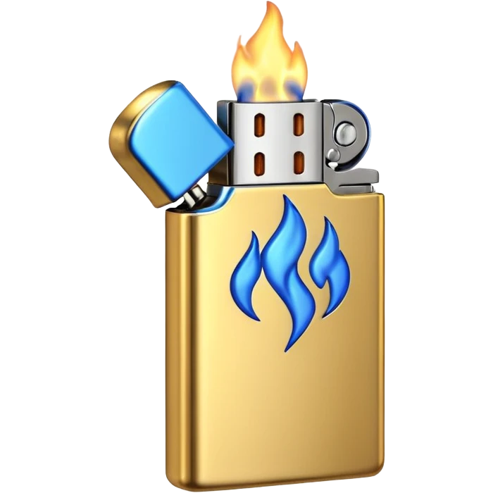 3D emoji icon of a golden metallic lighter with a blue flame, high quality, 3D render, minimalist white background emoji