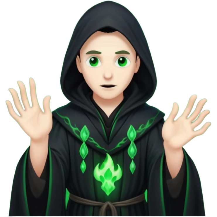 A dark sorcerer in flowing black robes, conjuring eerie green flames emoji