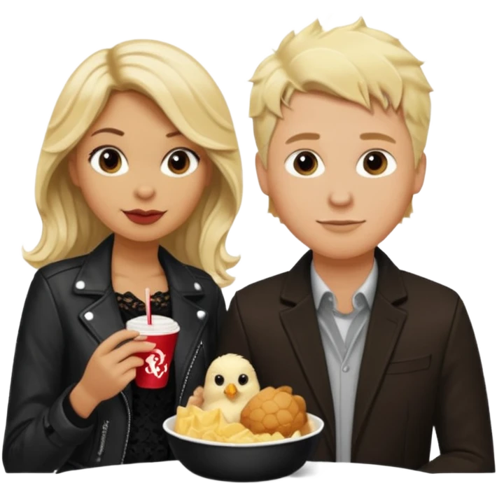 Love tan woman long wavy blonde hair and black lace  with  a white man short spiked blonde hair wearing Brown  jacket eating chick filet  emoji