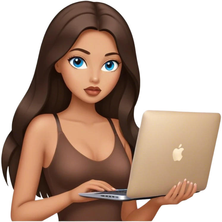 Glamours tanned very beautiful girl with big pump peach lips and dark chocolate straight smooth silky long hair, blue eyes in brown/beige bodysuit with MacBook emoji