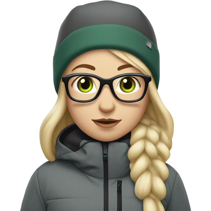 Green-eyed, fat female skier with long straight blonde hair, glasses, white helmet, grey snow jacket, long black pants, black only snow boots standing tall. emoji
