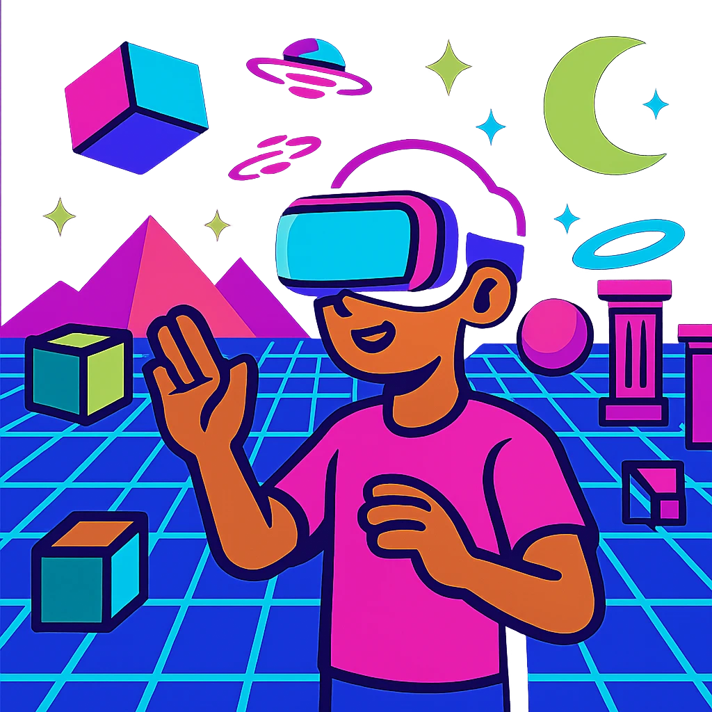 virtual reality world, digital grid, neon colors, vibrant toon style emoji