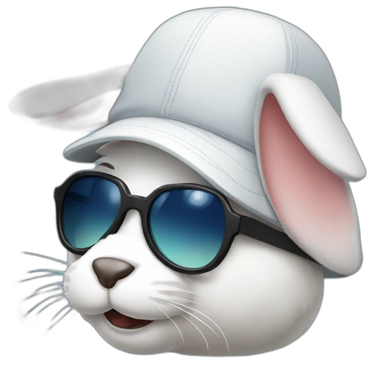 A rabbit in sunglasses and a baseball cap that shows he's famous emoji