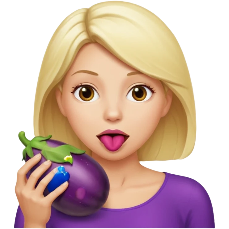 Blonde women stuffing her mouth using her hand with an big eggplant emoji