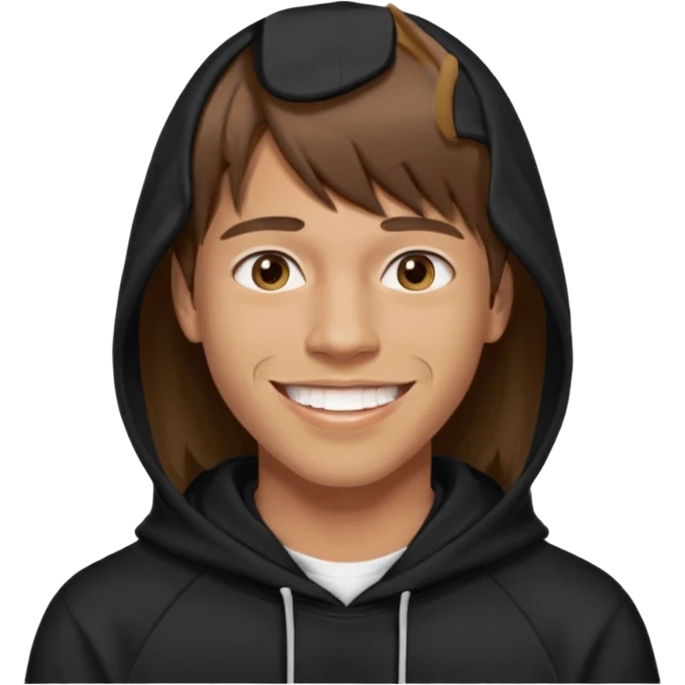 20 yr old man, brown hair, straight, big smile, white teeth, tanned skin, bangs, black hooded sweatshirt, long hair in back, center-parted bangs, big lips emoji