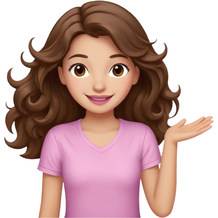 girl with wavy long brown hair, brown eyes, light to medium complexion, long lashes, light pink lipstick, smiling, wearing light pink shirt, dancing emoji