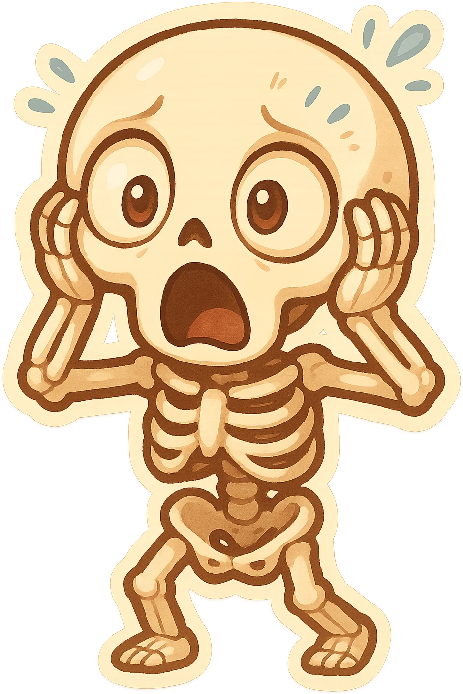 whimsical skeleton showing shock, eyes bulging, mouth agape, hands on sides of head, lively animated style emoji