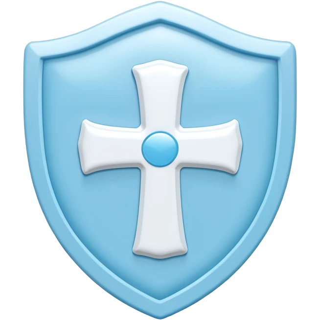 A cute 3D render icon of a protective shield. Rounded edges, plump, glossy plastic material. Sky blue and white color palette. A subtle, soft white cross or heart symbol embossed in the center. Clean studio lighting, soft shadows. Isolated on a light pastel background. Minimalist design. emoji